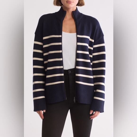 NEW RDI Nordstrom Women's Two-Way Zip Cardigan Navy White Soft Size Small - Picture 1 of 7